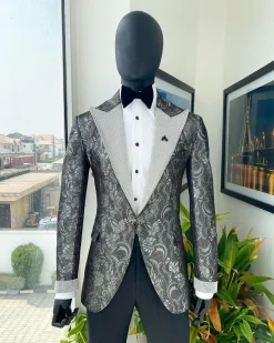 The “Jackson”, Ash, Iron and shadow grey metallic jacquard, Clear Crystal Trim bling layered peak lapel tuxedo suit