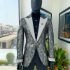 The “Jackson”, Ash, Iron and shadow grey metallic jacquard, Clear Crystal Trim bling layered peak lapel tuxedo suit