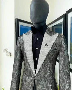 The “Jackson”, Ash, Iron and shadow grey metallic jacquard, Clear Crystal Trim bling layered peak lapel tuxedo suit