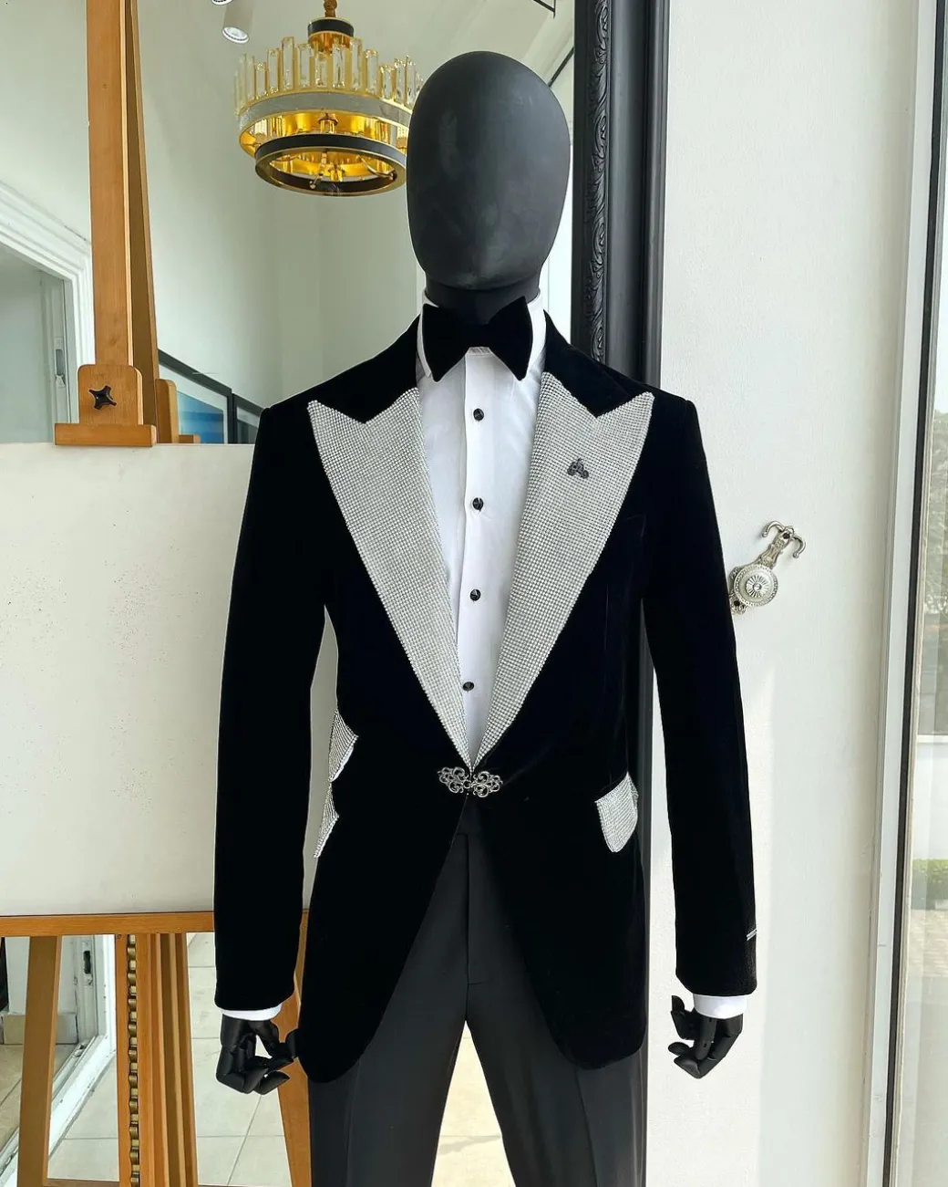 The “Jackson”, Charcoal black, Clear Crystal Trim Bling Layered Peak Lapel Tuxedo Suit