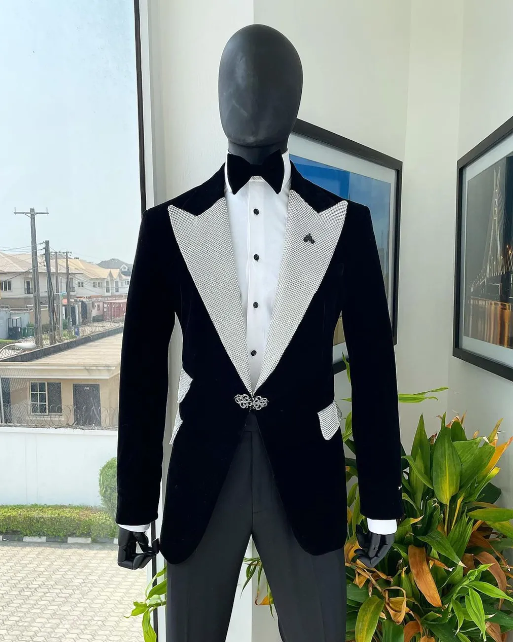 The “Jackson”, Charcoal black, Clear Crystal Trim Bling Layered Peak Lapel Tuxedo Suit