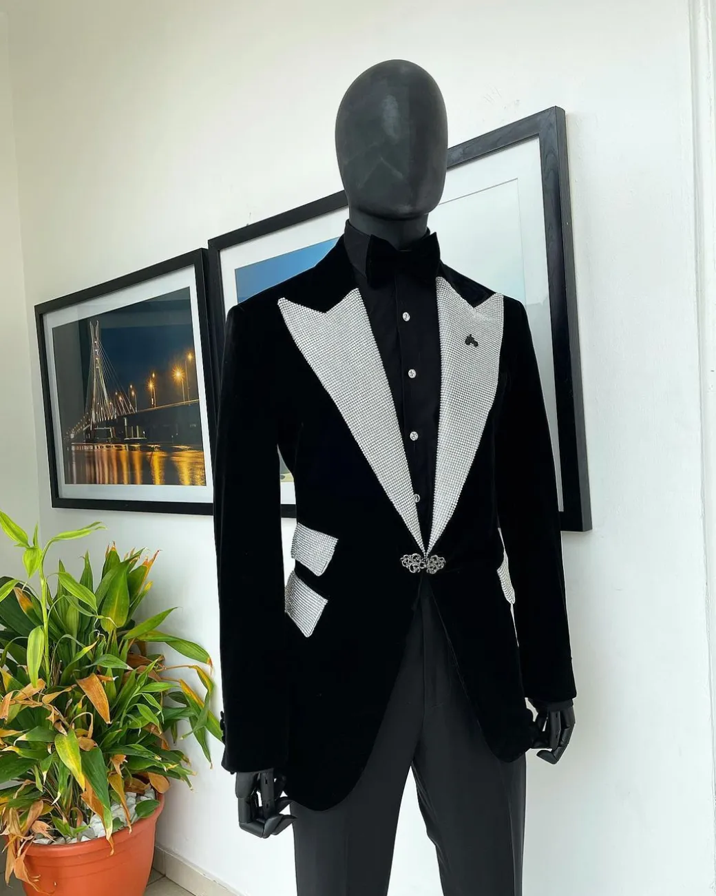 The “Jackson”, Charcoal black, Clear Crystal Trim bling layered peak lapel tuxedo suit