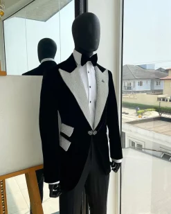The “Jackson”, Charcoal black, Clear Crystal Trim Bling Layered Peak Lapel Tuxedo Suit