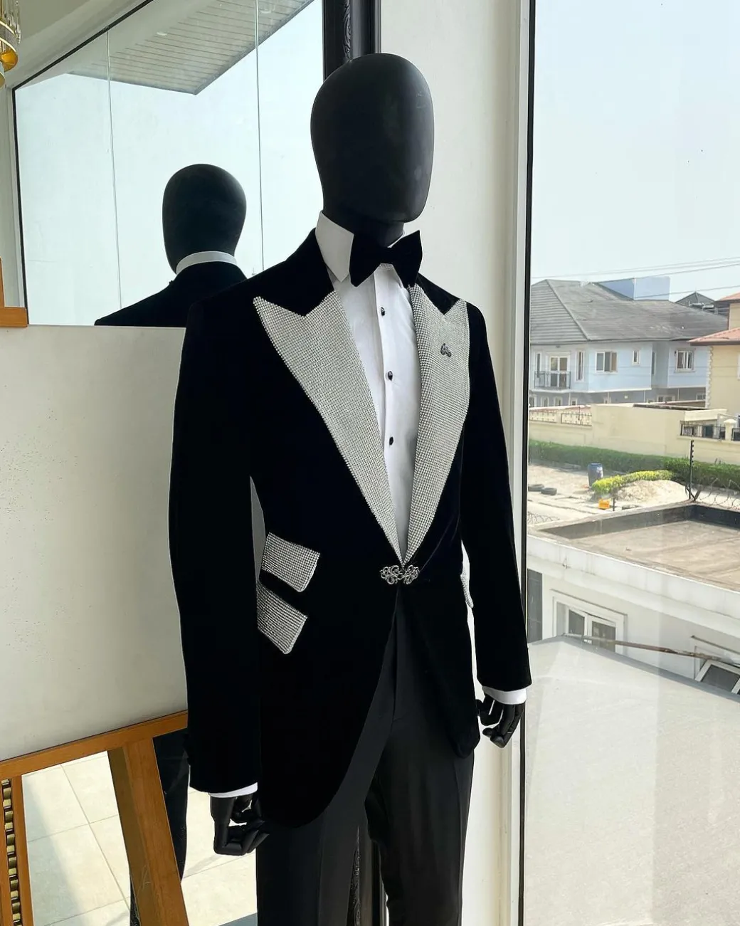 The “Jackson”, Charcoal black, Clear Crystal Trim Bling Layered Peak Lapel Tuxedo Suit