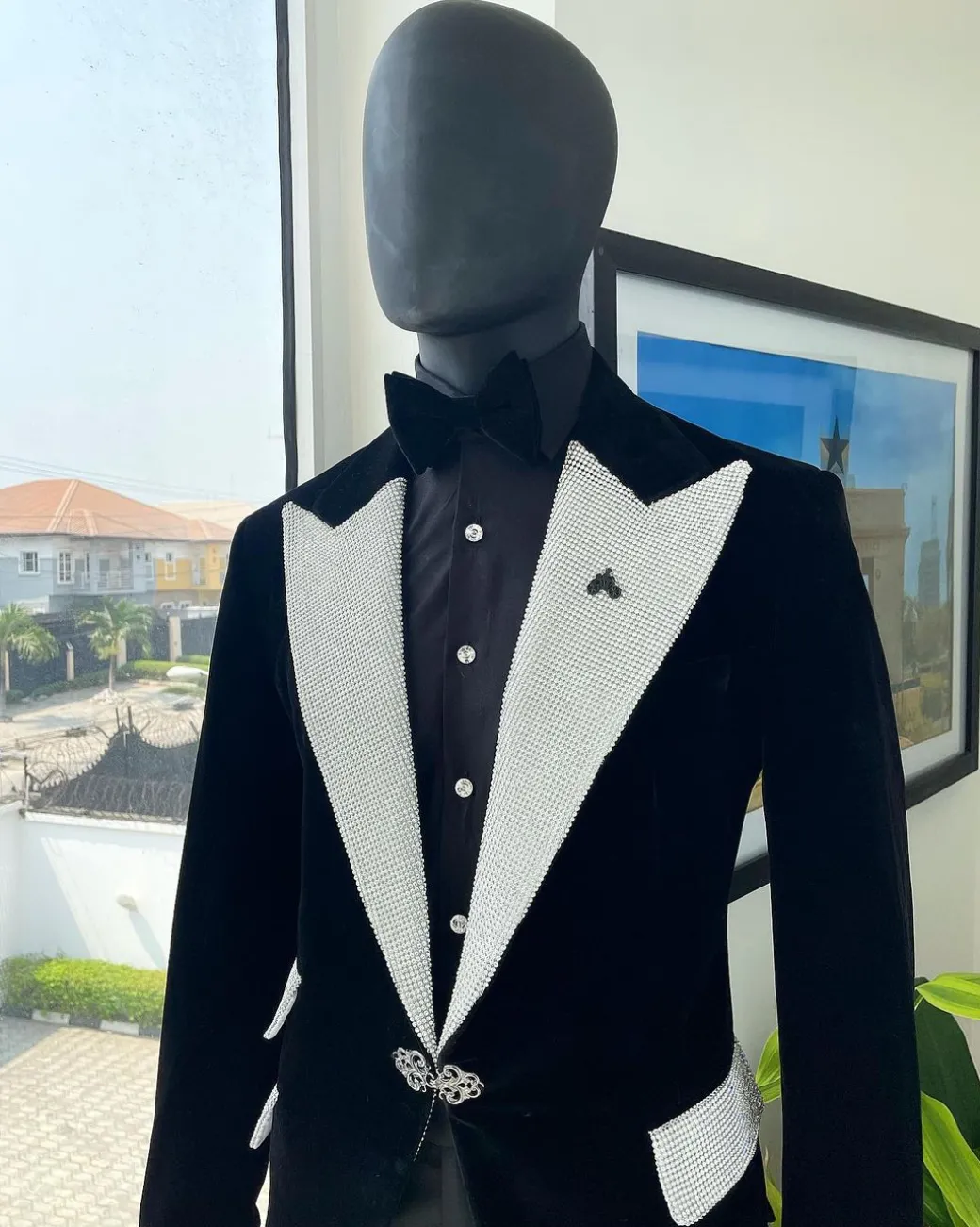 The “Jackson”, Charcoal black, Clear Crystal Trim bling layered peak lapel tuxedo suit