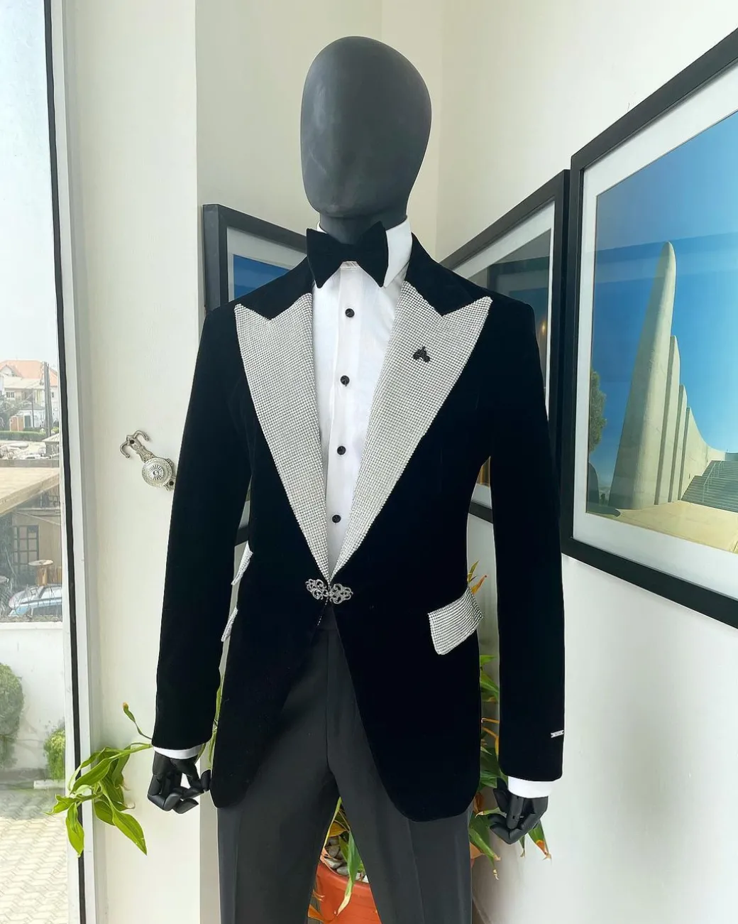 The “Jackson”, Charcoal black, Clear Crystal Trim Bling Layered Peak Lapel Tuxedo Suit