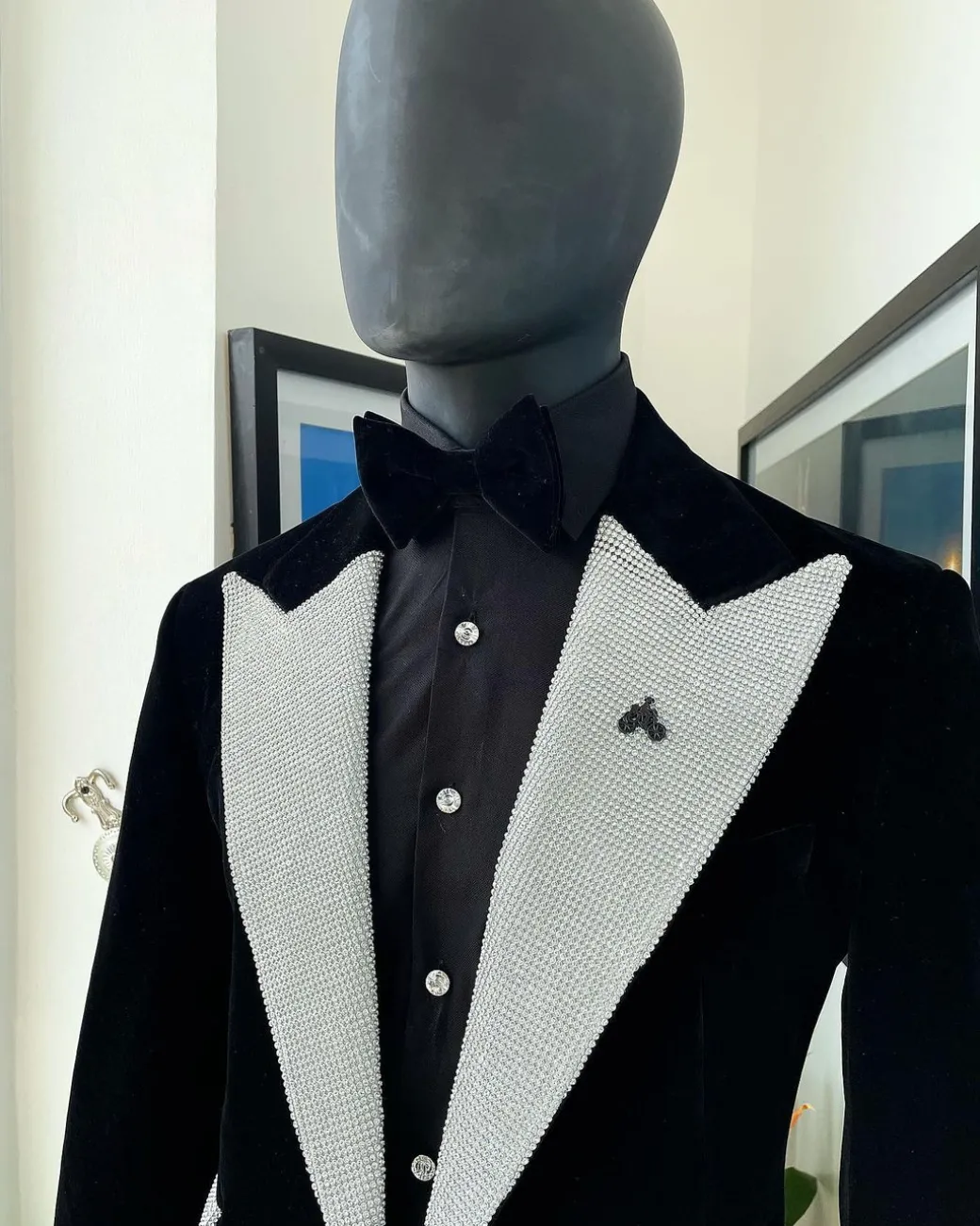 The “Jackson”, Charcoal black, Clear Crystal Trim bling layered peak lapel tuxedo suit