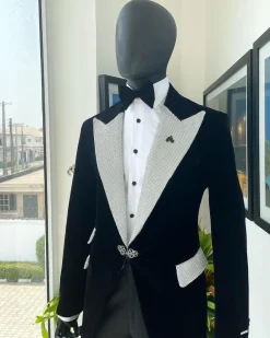 The “Jackson”, Charcoal black, Clear Crystal Trim Bling Layered Peak Lapel Tuxedo Suit
