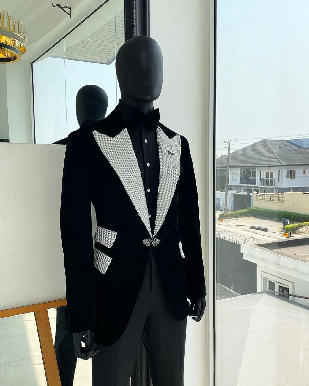The “Jackson”, Charcoal black, Clear Crystal Trim bling layered peak lapel tuxedo suit