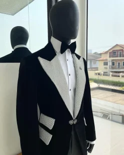 The “Jackson”, Charcoal black, Clear Crystal Trim Bling Layered Peak Lapel Tuxedo Suit