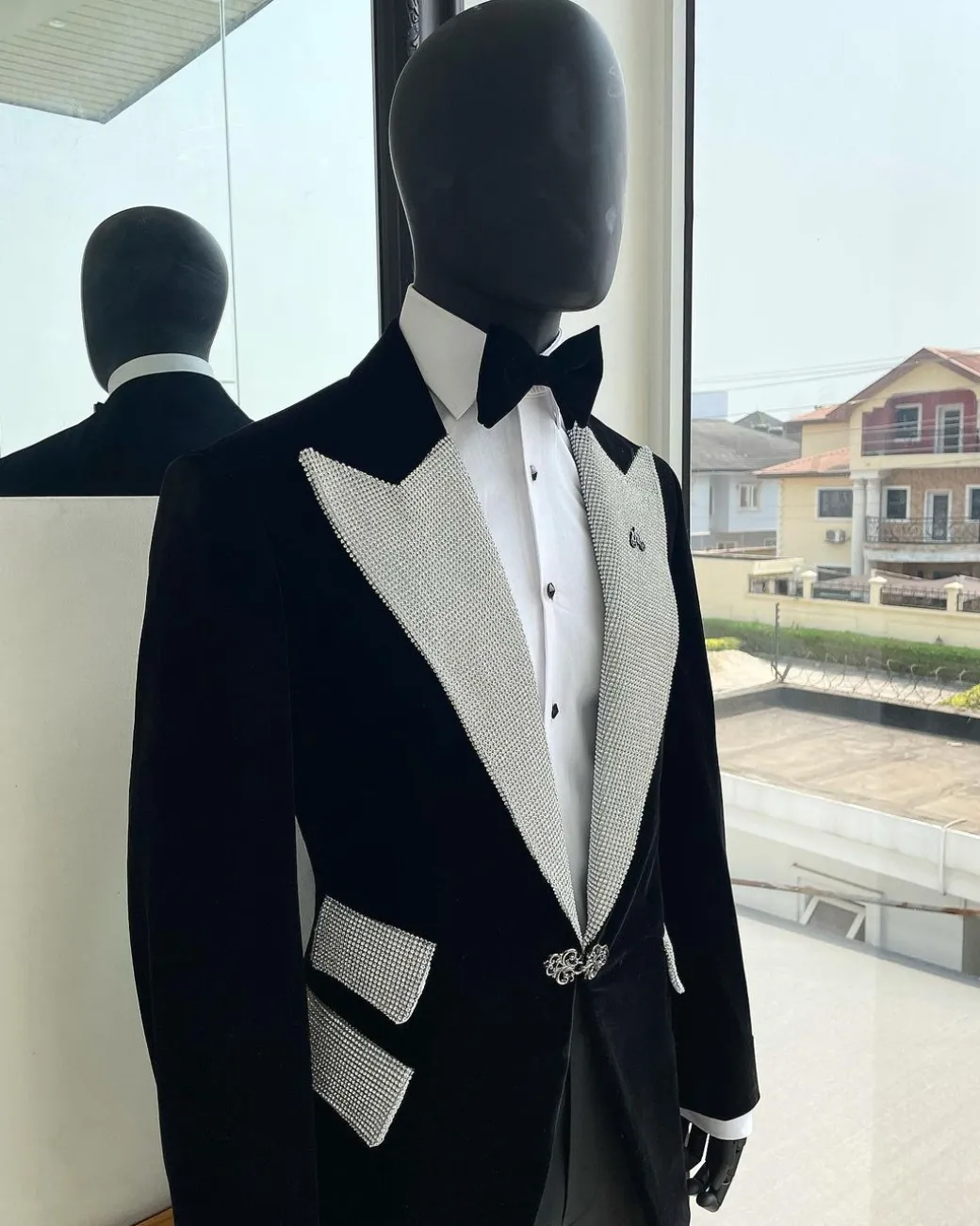The “Jackson”, Charcoal black, Clear Crystal Trim Bling Layered Peak Lapel Tuxedo Suit