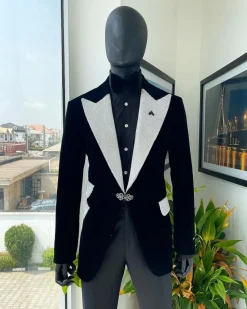 The “Jackson”, Charcoal black, Clear Crystal Trim bling layered peak lapel tuxedo suit