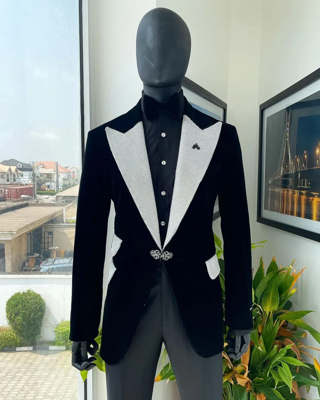 The “Jackson”, Charcoal black, Clear Crystal Trim bling layered peak lapel tuxedo suit