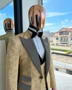 The “Jackson”, Gold Floral , Clear Crystal Trim bling layered peak lapel tuxedo suit