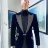 The “Jackson” Midnight blue, black Crystal Trim bling layered peak lapel tuxedo suit.