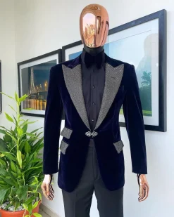 The “Jackson” Midnight blue, black Crystal Trim bling layered peak lapel tuxedo suit.
