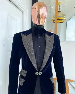 The “Jackson” Midnight blue, black Crystal Trim bling layered peak lapel tuxedo suit.