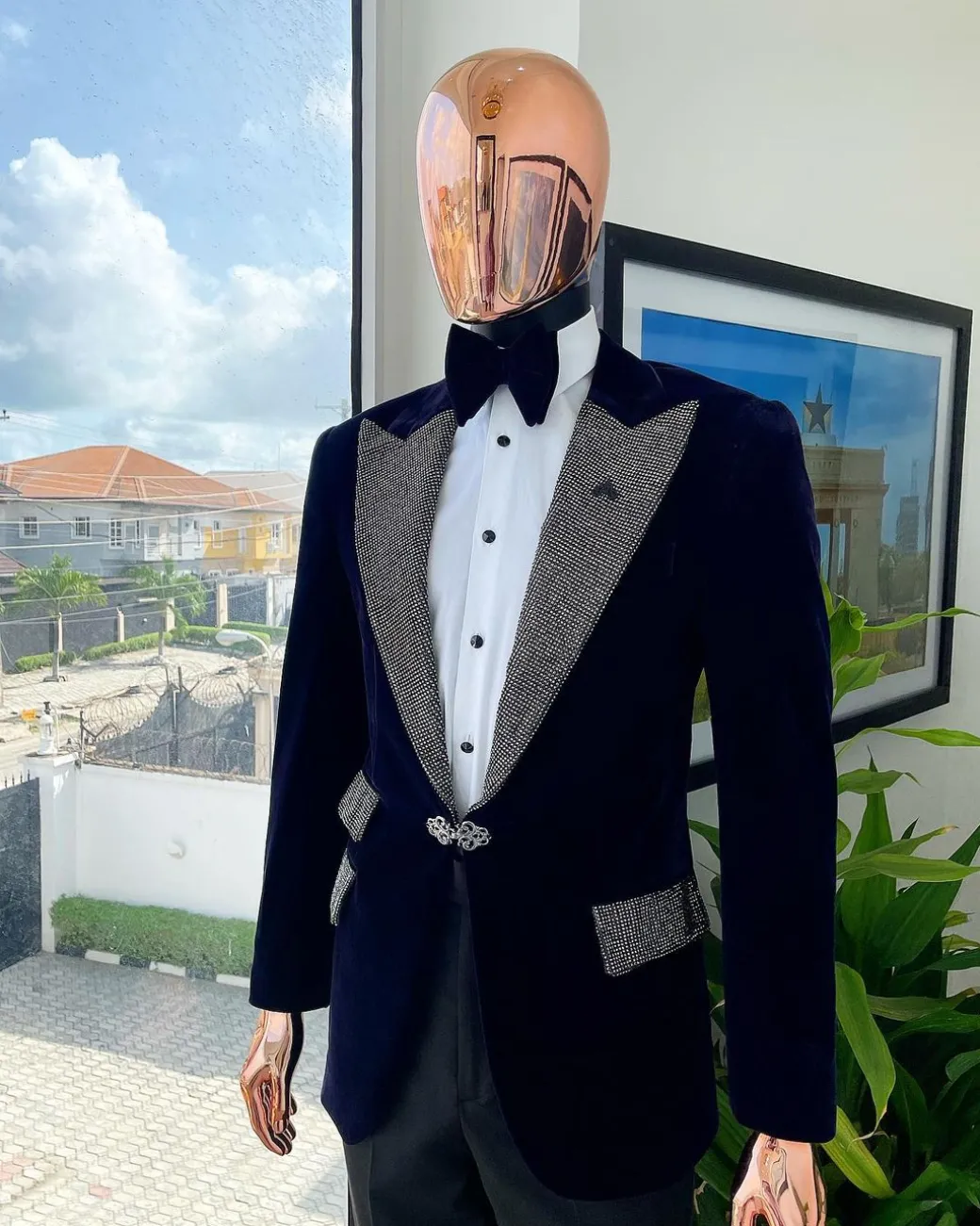 The “Jackson”, midnight blue, black crystal trim bling layered peak lapel tuxedo suit
