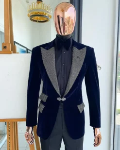 The “Jackson” Midnight blue, black Crystal Trim bling layered peak lapel tuxedo suit.