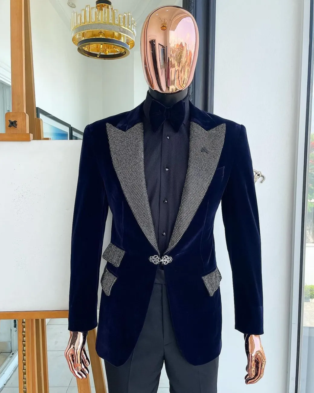 The “Jackson” Midnight blue, black Crystal Trim bling layered peak lapel tuxedo suit.