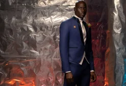 The “Jefferson” V-Shaped navy blue front Lapel, hand knitted Groom Tuxedo Suit