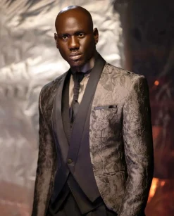 The “Lugard” Ruffled Grey pattern jacquard front closure Lapeless tuxedo suit