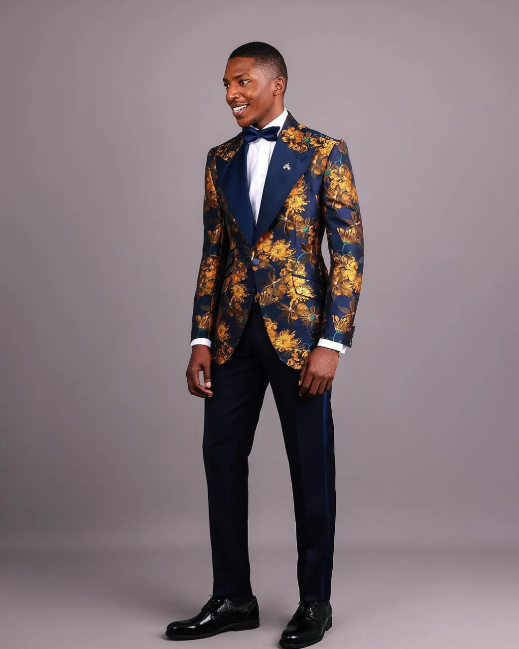 The “Mandarin” Gold, Navy Blue & Red Splashed Jacquard Peak Lapel Suit