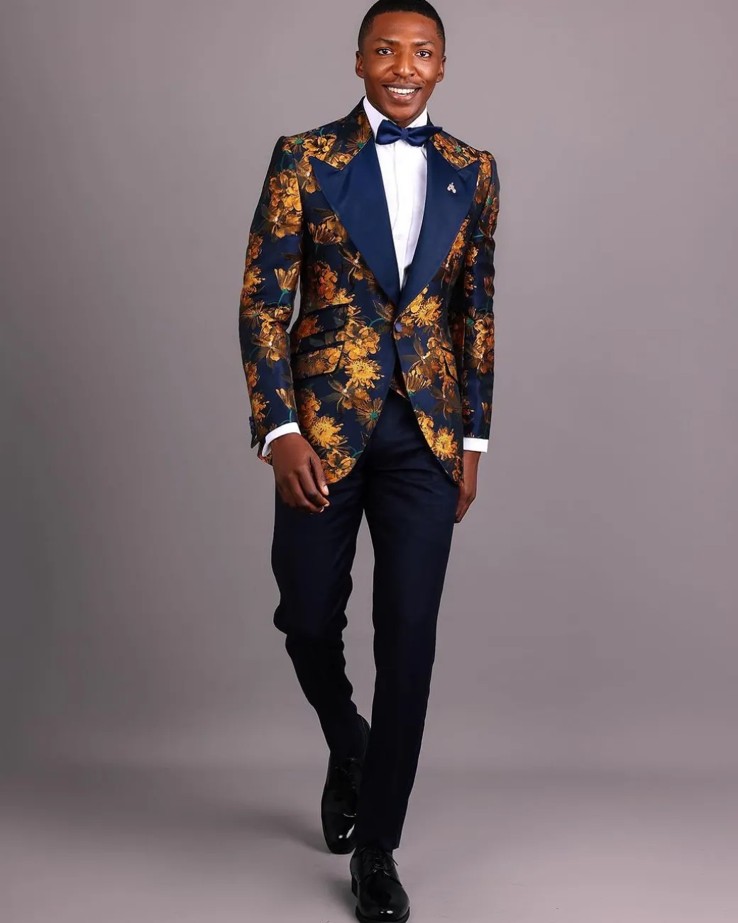 The “Mandarin” Gold, Navy Blue & Red Splashed Jacquard Peak Lapel Suit