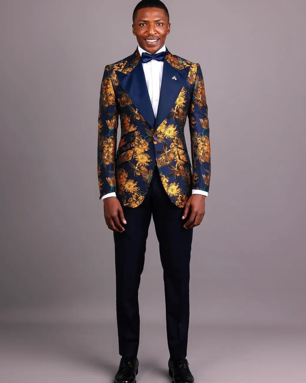 The “Mandarin” Gold, Navy Blue & Red Splashed Jacquard Peak Lapel Suit
