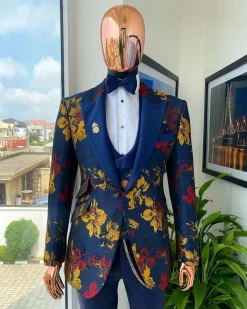 The “Mandarin” Gold, Navy blue and red splashed jacquard peak lapel suit