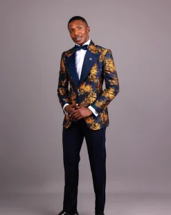 The “Mandarin” Gold, Navy Blue & Red Splashed Jacquard Peak Lapel Suit