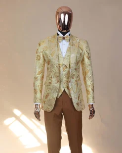 The “Metaphor” gold and splash of caramel brown peak lapel metallic jacquard tuxedo suit