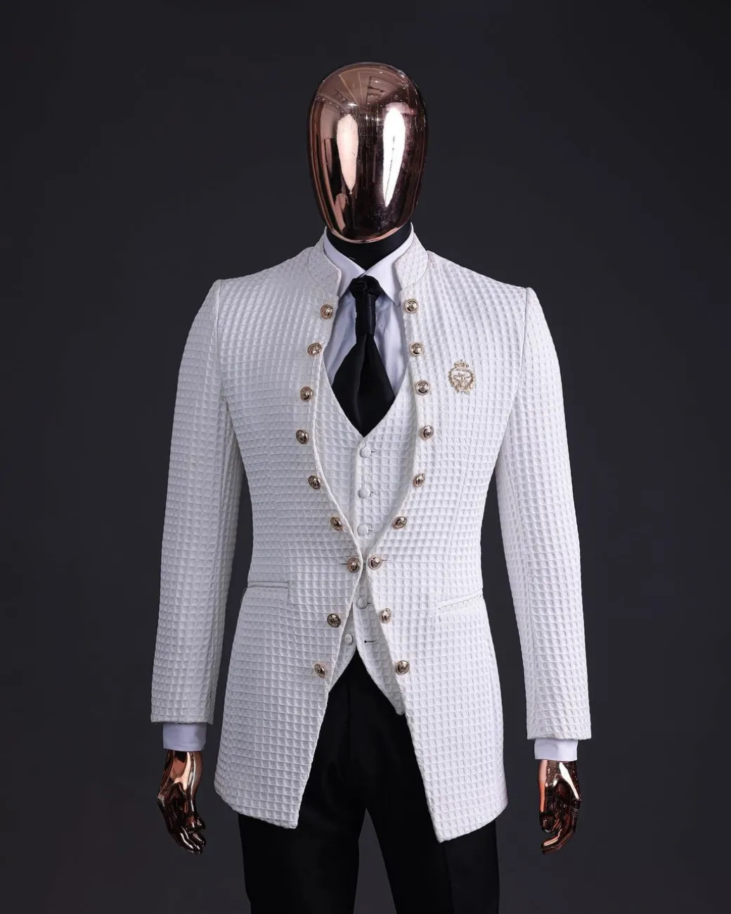 The “Monaco” ivory white plunged jacquard, single button front cut layered suit