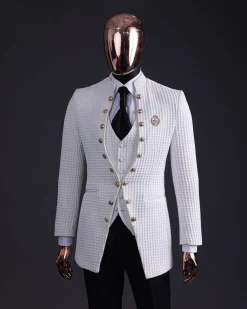 The “Monaco” ivory white plunged jacquard, single button front cut layered suit