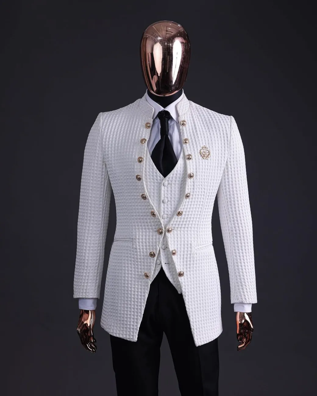 The “Monaco” ivory white plunged jacquard, single button front cut layered suit