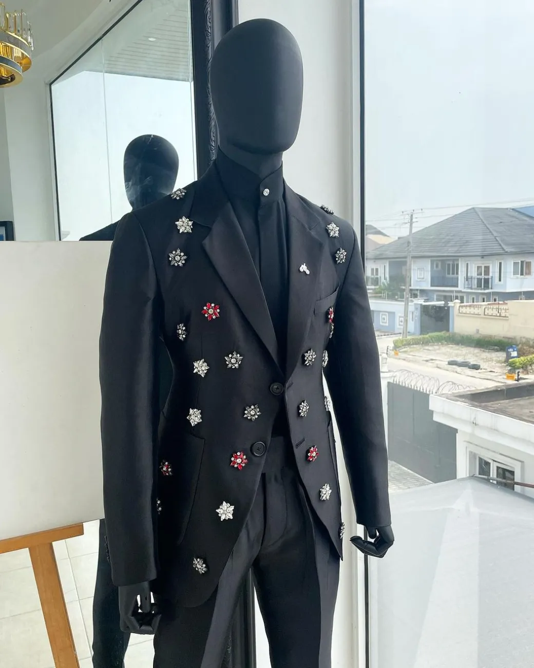 The Monochrome “okorodudu” mikado satin charcoal black notch lapel suit