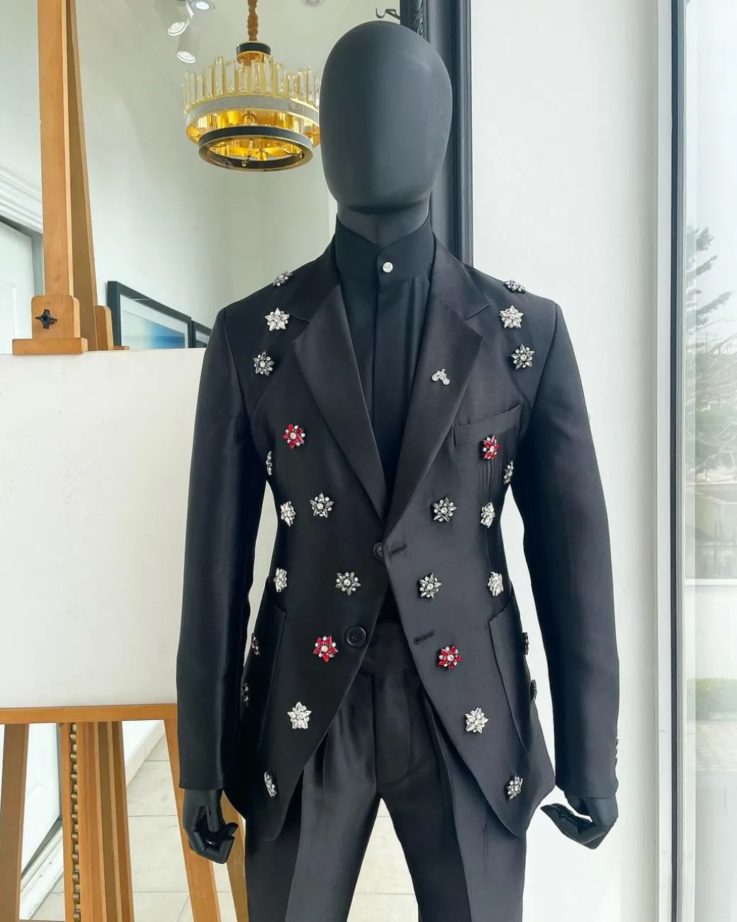 The Monochrome “okorodudu” mikado satin charcoal black notch lapel suit
