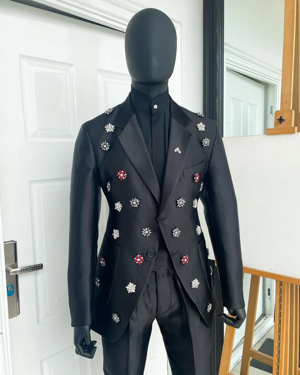 The Monochrome “okorodudu” mikado satin charcoal black notch lapel suit