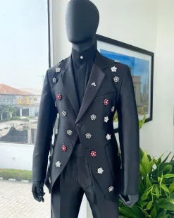 The Monochrome “okorodudu” mikado satin charcoal black notch lapel suit