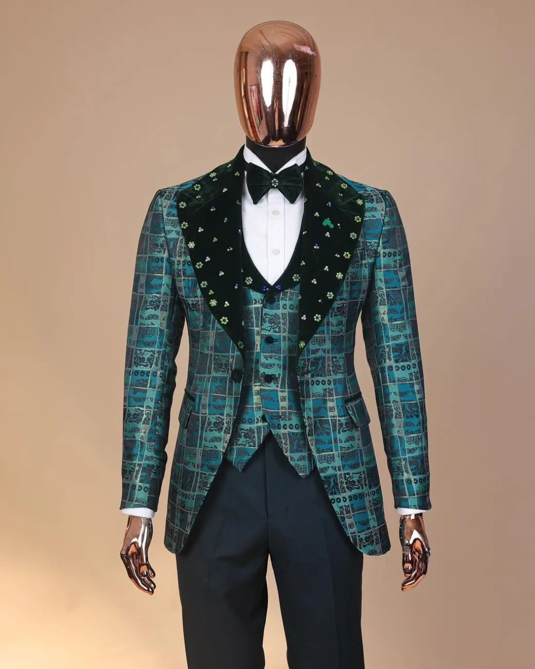 The “October 1st” castleton green covered peak lapel jacquard tuxedo suit