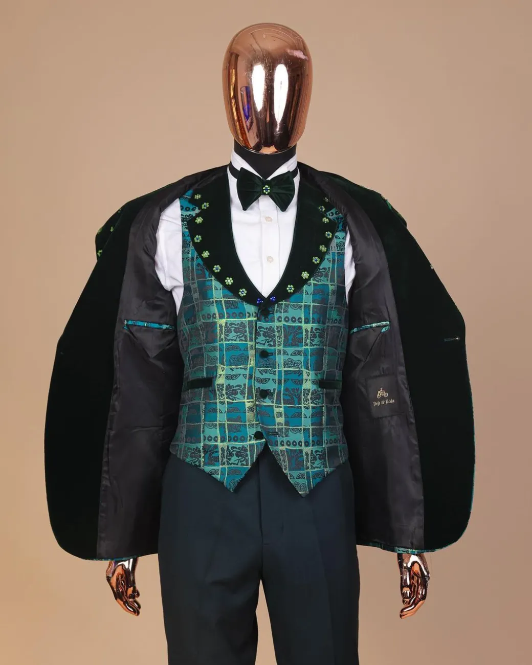The “October 1st” castleton green covered peak lapel jacquard tuxedo suit
