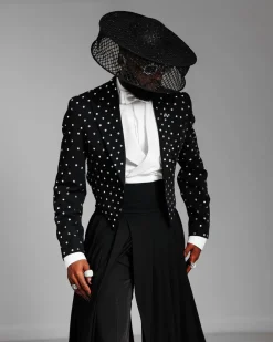 The ”Prince” Charcoal Black Short Peak Lapel Suit With ss30 Swarovski Stones, Double-breasted Waistcoat, High Pant Trousers & Pleated Long Tail Skirt.