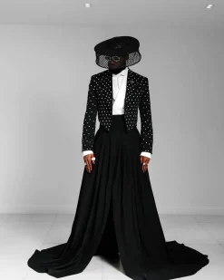 The ”Prince” Charcoal Black Short Peak Lapel Suit With ss30 Swarovski Stones, Double-breasted Waistcoat, High Pant Trousers & Pleated Long Tail Skirt.
