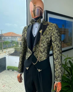 The “Ragnar” Gold and Black Splashed Jacquard Peak Lapel Jointed Tail Suit
