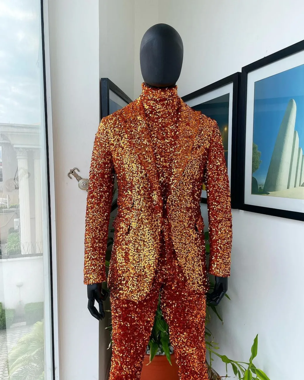 The “Young and Restless” fire orange peak lapel sequin suit.