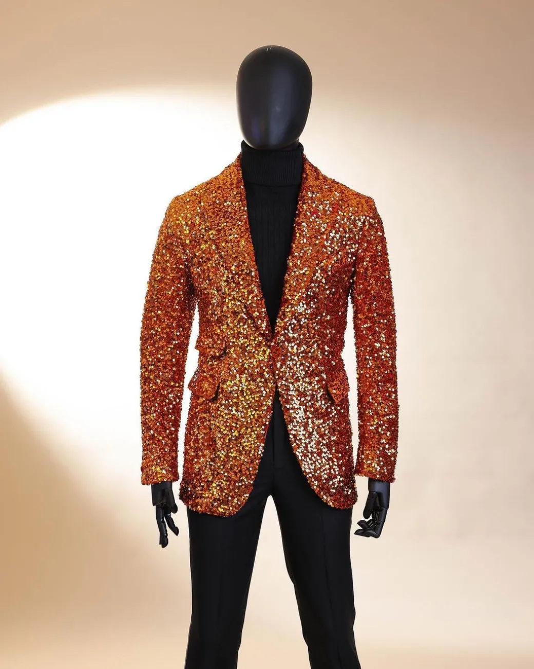 The “Young and Restless” fire orange peak lapel sequin suit