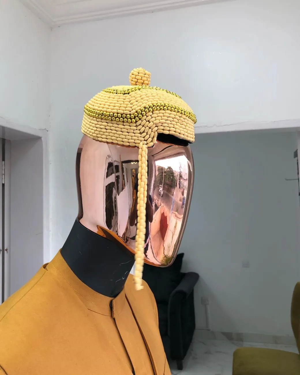 Yellow Ibo Traditional Beaded Wedding Royal Hats